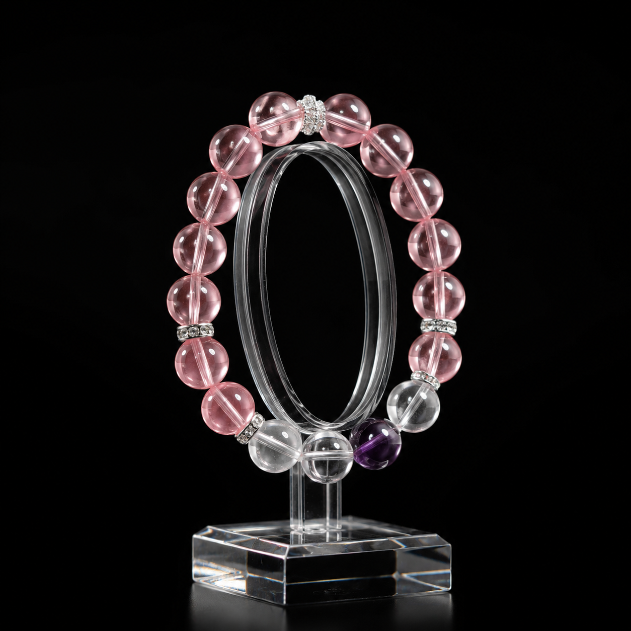 Madagascar Icy Translucent Rose Quartz Bracelet with Purple Lucky Crystal