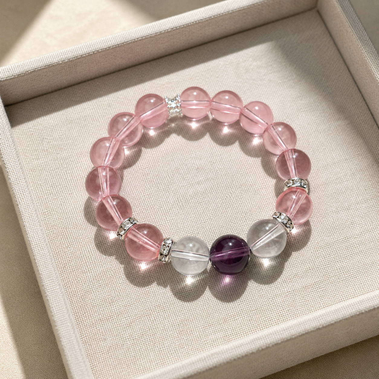 Madagascar Icy Translucent Rose Quartz Bracelet with Purple Lucky Crystal
