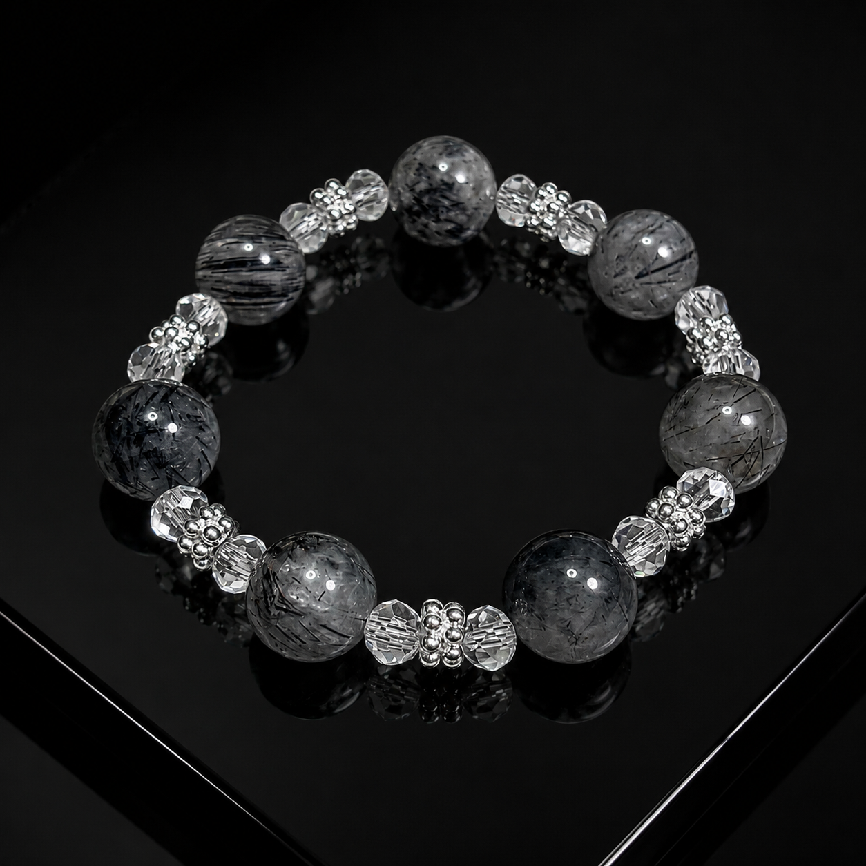 Black Rutilated Quartz Wish-Fulfilling Crystal Bracelet, Natural Crystal