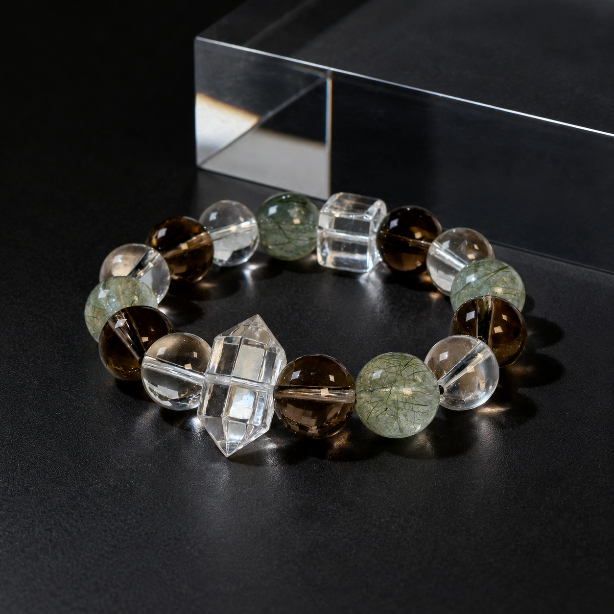Natural crystal green rutilated quartz, smoky quartz, and white quartz bracelet bring wealth.